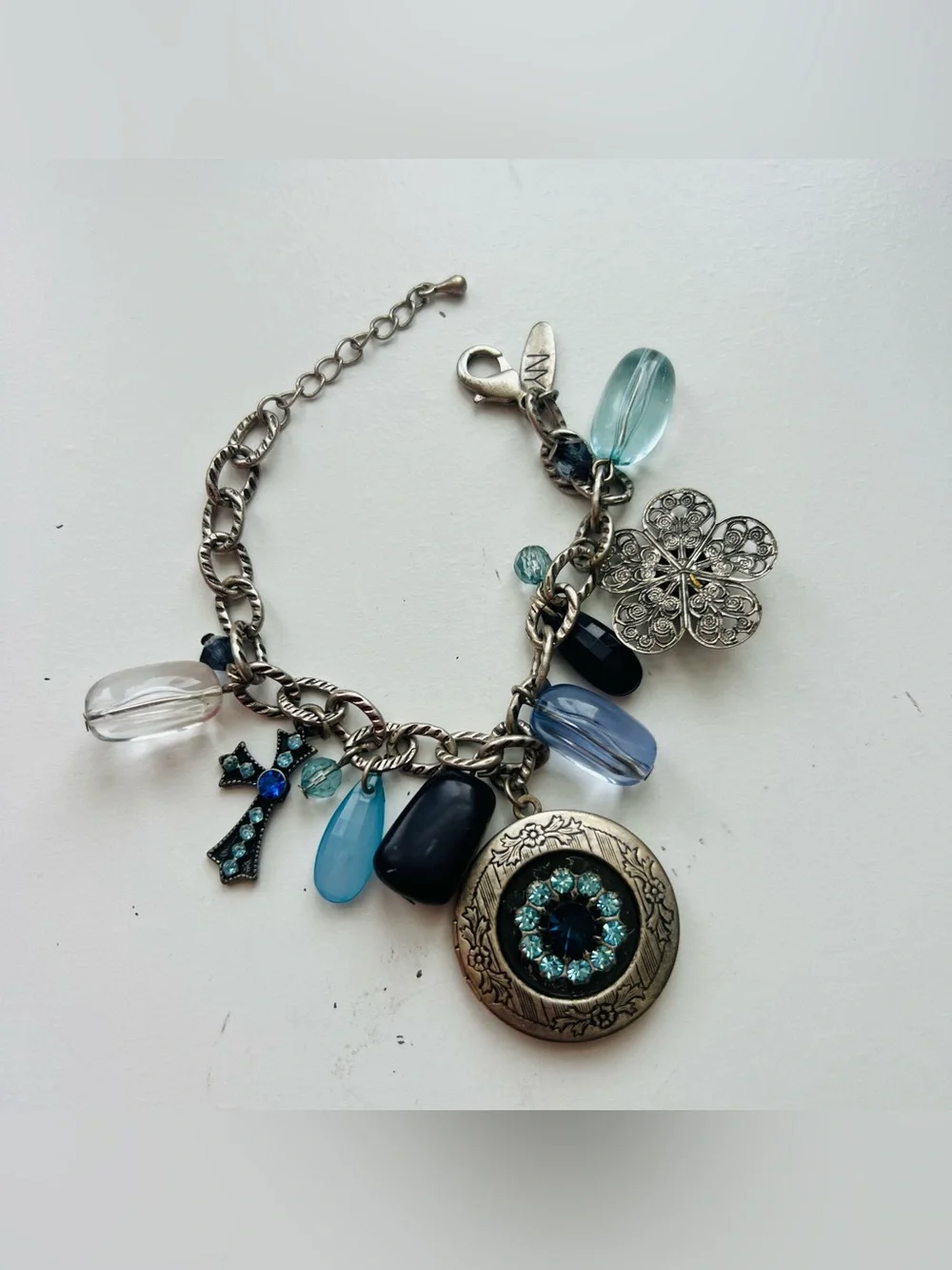 DKNY Silver-Tone Bracelet with Blue and Aqua Charms